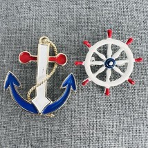 Vtg JJ Jonette Brooch Pin Ship Wheel Anchor Nautical Gold Tone Enamel 2Pc Signed - £20.09 GBP