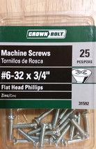 25-Pc Machine Screws #6-32 x 3/4&quot; Phillips Flat Head Zinc Crown Bolt 31592 - £4.99 GBP
