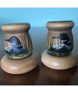 Hand painted wood Candle Holders ~ Loons ~ Canada. ~ Signed Myers. 2 1/4&quot; - £10.90 GBP