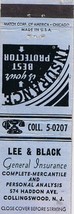 Matchbook Cover Lee &amp; Black Insurance Collingswood New Jersey - $2.85