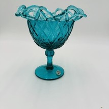 Vintage Art Glass Fenton Teal Compote Flowers on Lattice Open Lace 6.5in - £40.44 GBP