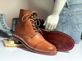 Handmade Men&#39;s Tan Leather Cap Toe Ankle Boots, Men Dress Formal Fashion Boots - £126.41 GBP