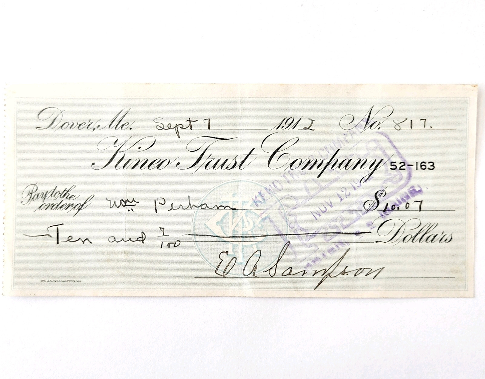 1912 Kineo Trust Company Bank Check E.A. Sampson Dover Maine Signed 817 CHX4 Item image 2