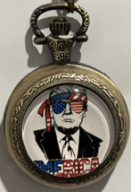 Donald Trump America  Antique Gold Toned Pocket Watch Works New Red Whit &amp; Blue - $13.17