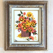 Crewel Flowers in Basket in Ornate Wood Frame Vintage 19&quot; x 22&quot; - £146.40 GBP