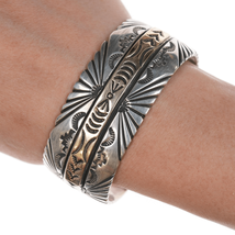 6.5&quot; Native American 14k/Sterling heavy stamped cuff bracelet - $472.97