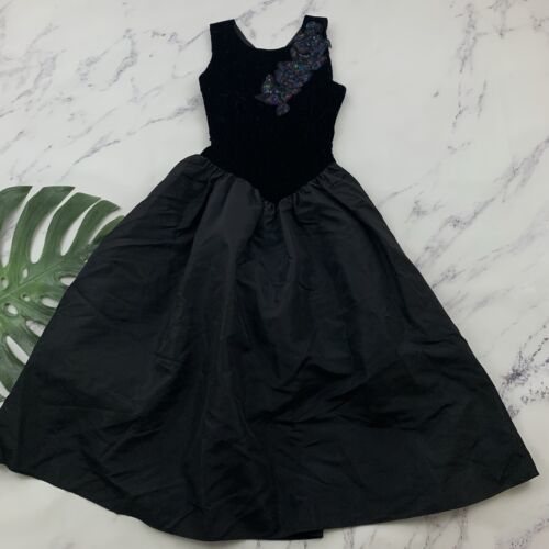 Primary image for Gunne Sax Jessica McClintock Vintage Midi Gown Dress Size 7 Black Velvet Taffeta