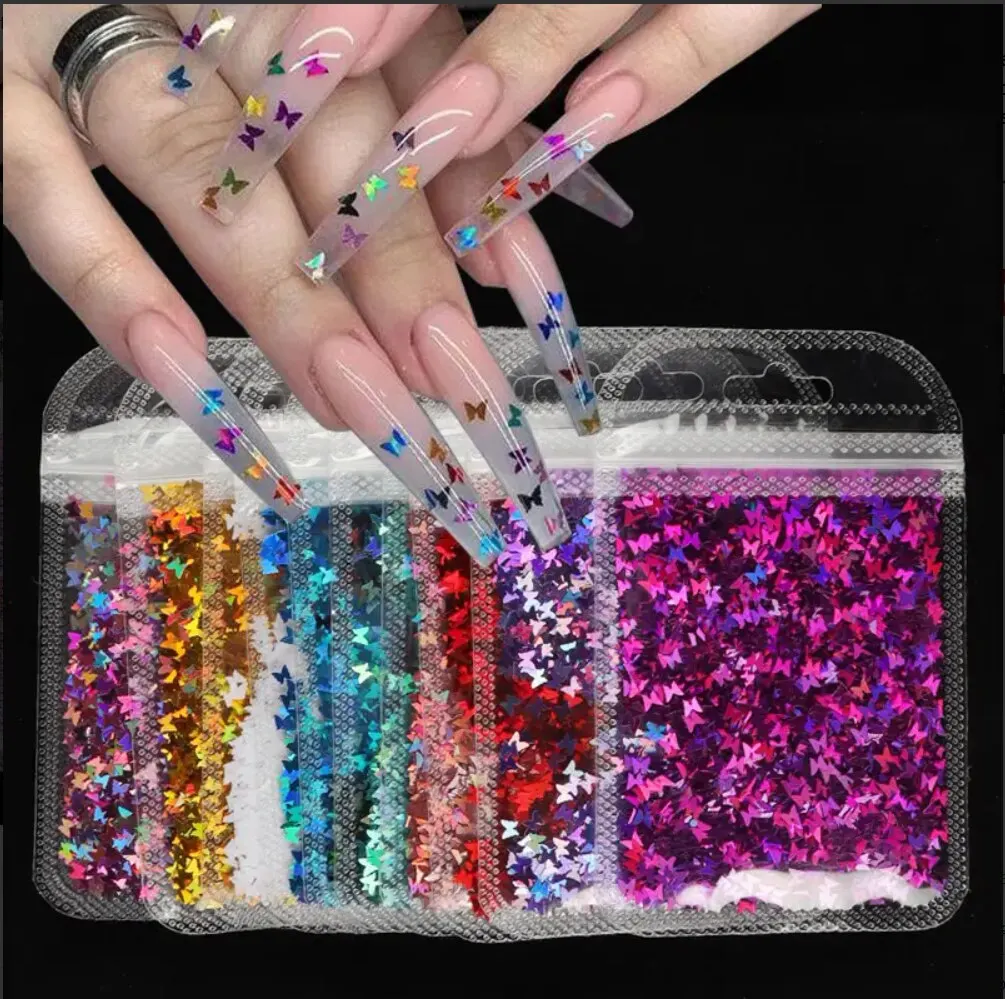 Holographic Butterfly Heart Nail Art Glitter Micro Laser Star Flakes 3D Silver - £10.13 GBP