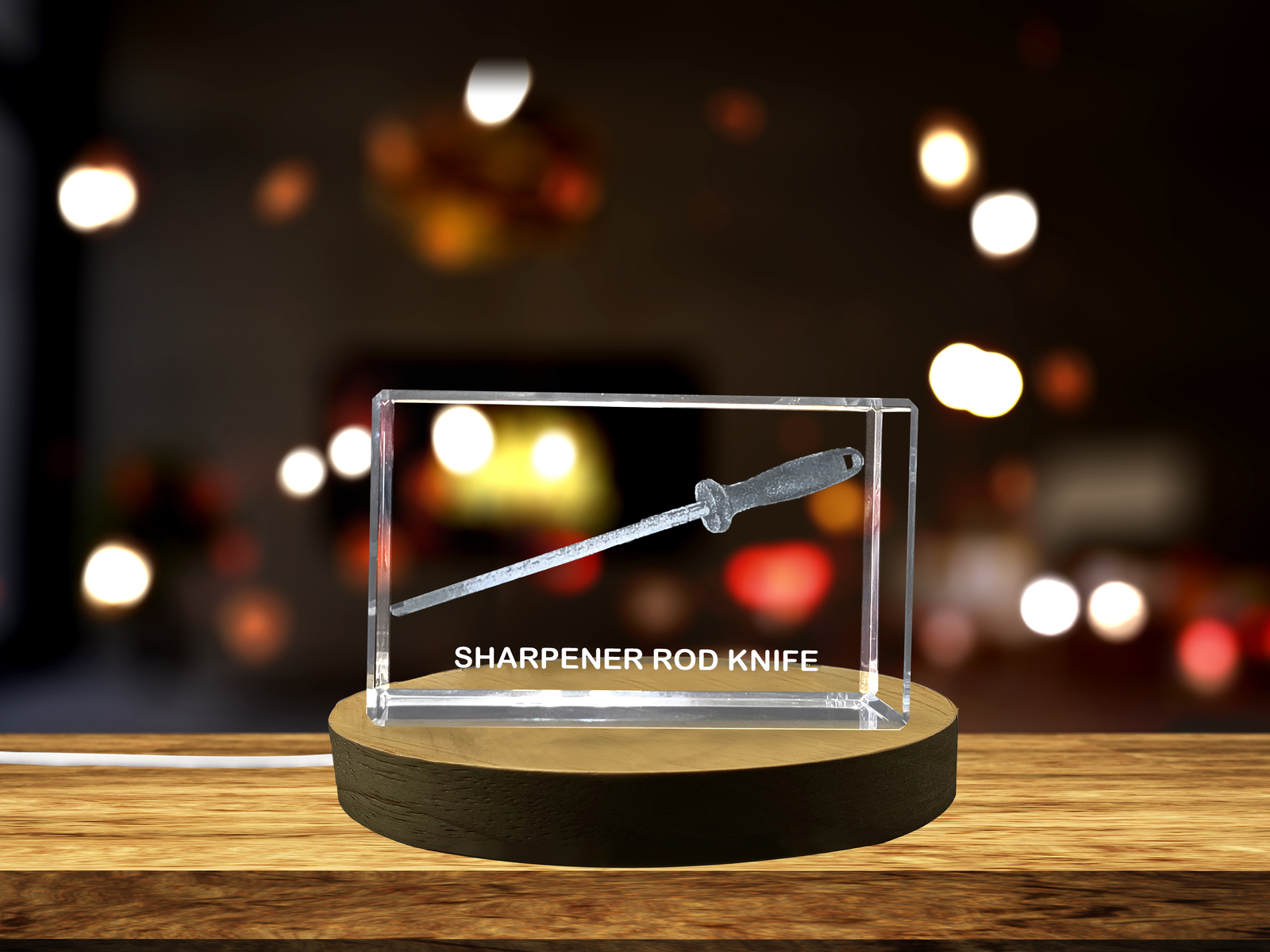 LED Base included | Sharpener Rod Knife Immortalized in 3D Engraved Crystal