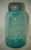 Old Vintage 2 Quart Blue Ball Perfect Mason Glass Canning Jar w Zinc Lid... - $39.59
