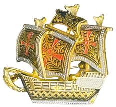 VTG Damascene Spain Galleon Sail Boat Ship Pin Brooch Gold Tone Nautical... - $24.72