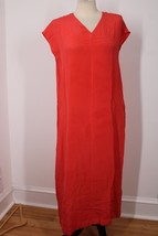 Eileen Fisher XS Coral Orange Silk V-Neck Maxi Shift Dress Pockets Flaws - £23.75 GBP