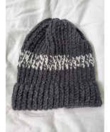 Handmade charcoal grey striped wool blend knit hat w/ brim - £7.89 GBP