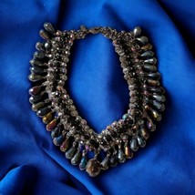 Chicos Heavily Glass Beaded Necklace Collar Statement Aurora Borealis Black Vtg - £35.18 GBP