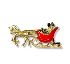 Vintage Brooch Pin Holiday Christmas Horse And Sleigh 2&quot; Costume Jewelry Enamel  - £14.10 GBP