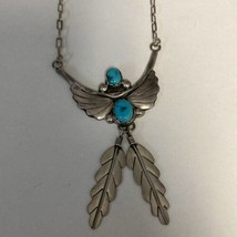 Turquoise &amp; Sterling Silver 16”Necklace Butterfly&amp; Feathers Pendant NA Inspired - £60.69 GBP