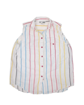 Vintage 80s Shirt Womens M White Striped Sleeveless Top Multicolor Butto... - $14.44
