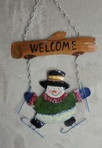 Welcome Christmas Snowman Skiing Painted Metal Hanging Sign Decoration - £6.74 GBP