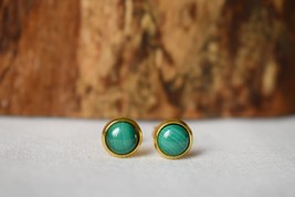 Mini Natural Malachite Stud Earrings 18k Gold plated 6mm Stud Earrings, Small, M - £26.29 GBP