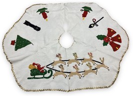Vtg MCM Sequin Christmas Tree Skirt Santa Reindeer Candle 34x45” White Gold Trim - £27.30 GBP