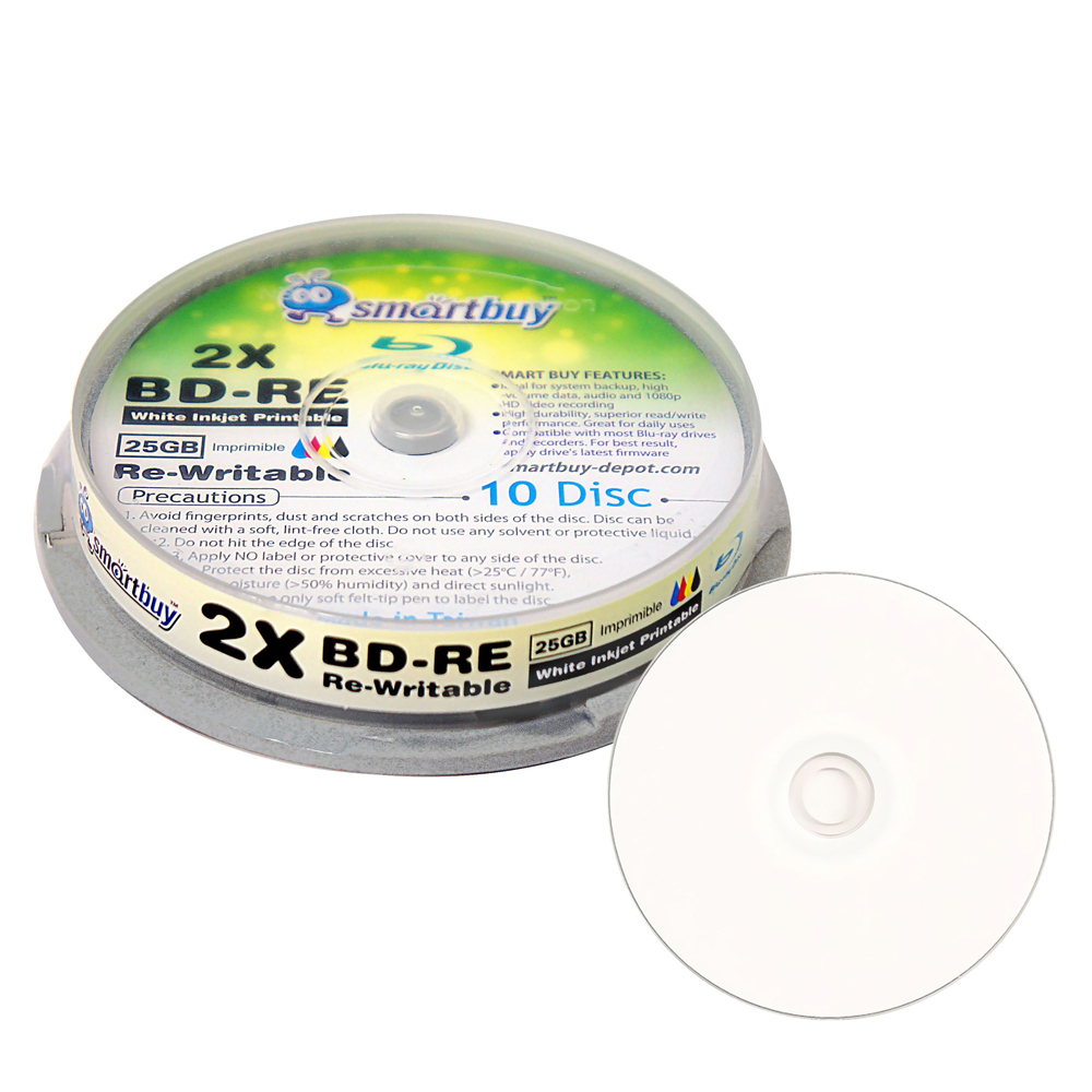 10 Smartbuy 2x 25GB Blu-ray BD-RE Rewritable White Inkjet Hub Printable Disc - $13.99