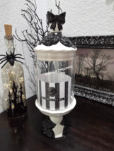 Halloween Cobwebs and Cauldrons Glass Candy Jar Pedestal Black Bow Roses - $49.99