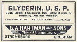 1 Antique Pharmacy Label GLYCERIN, U.S.P. G.A. Hartman and Sons Rexall D... - $27.27