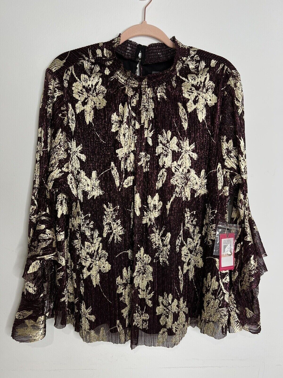 Vince Camuto Floral Bell Sleeve Mock Neck Blouse Dark Wine Size Small