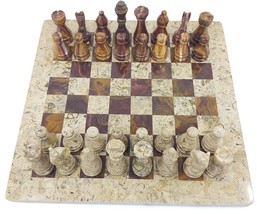 JT Handmade Fossil Coral and Dark Brown / Red Marble Chess Game Set – 12 inch - £84.40 GBP