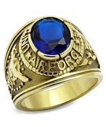 US Air Force Gold Plated Stainless Steel Blue Crystal Mens Ring TK316 - $25.87 CAD