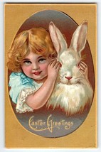 Easter Greetings Postcard Girl With White Bunny Rabbit 1909 Embossed Vintage - £7.90 GBP