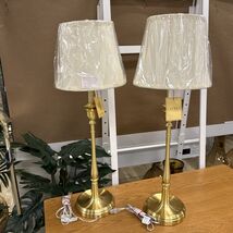 (2) Ralph Lauren Home Brass Brushed Gold Tone Buffet Candlestick Lamps ~... - $359.99