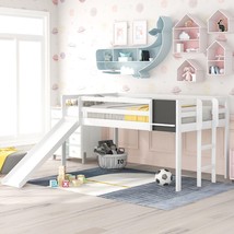 Twin size Loft Bed Wood Bed with Slide, Stair and Chalkboard,White - $270.39