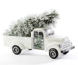 Christmas Tree Truck Statue White Snow Glitter 8.7" High Wood Plastic Festive