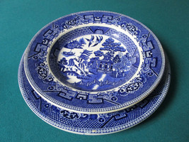 Antique Maddock Blue Ware Soup And Dinner Plate 2 Pcs Willow [*BLUBX3] - £58.48 GBP