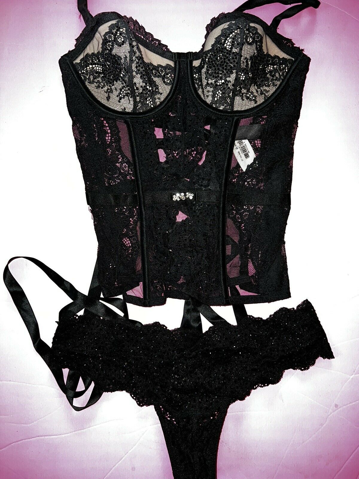 Victoria's Secret unlined 34DD,34DDD,36C BRA SET+thong+panty+L TEDDY BLACK  lace