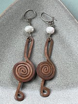 Very Long Abstract Copper Treble Clef w Freshwater Pearl Dangle Earrings for Pie - £13.29 GBP