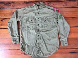 Vintage 50s BSA Boy Scouts Troop 110 Olive Green Long Sleeve Button Up Shirt - £99.36 GBP