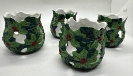 4 Porcelain Christmas Holly Leaf Green &amp; Berries Votive Tealight Candle Holders - £13.31 GBP