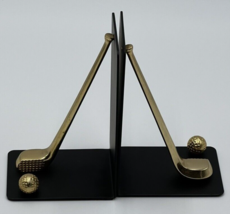 Golf Theme Metal Book Ends  Flat Black  with  Brass Club and Ball - $21.24