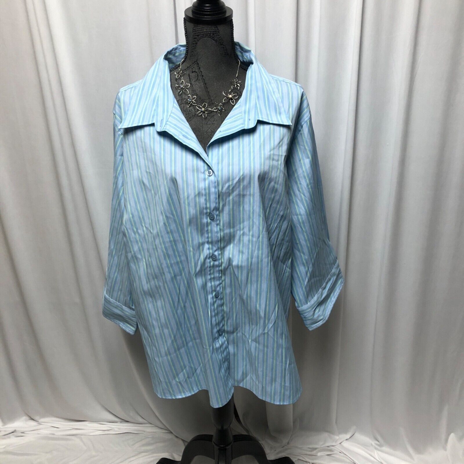 Primary image for DCC Blouse Womens 30-32W Blue Green Button Up Stretch Shirt