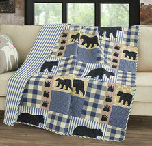 Black Bear Blue Plaid Reversible Soft Quilted Throw Blanket 50x60 in