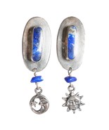 Sterling Silver Polished Lapis Stone Sun &amp; Moon Charm Dangle Earrings Be... - $1,745.46 MXN