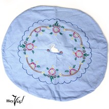 Vintage Hand Embroidered Swan Blue Cotton Pillow Case or Bag - 16&quot; Wide -Hey Viv - £15.73 GBP