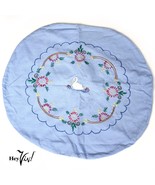 Vintage Hand Embroidered Swan Blue Cotton Pillow Case or Bag - 16&quot; Wide ... - £15.96 GBP