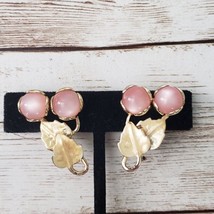 Vintage Clip On Earrings Large Pink &amp; Gold Tone Leaves &amp; Berries Design - $14.99