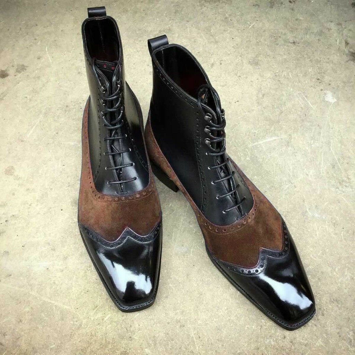 High Ankle Men Shoes Two Tone Brown Suede Black Premium Quality Leather Laceup