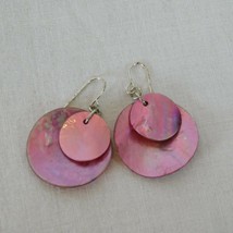 Pink Double Layer Abalone Shell Fashion Earrings Hook Round Circle Silver Tone - £4.77 GBP