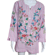 NEW John Mark Tunic XL Yarn Dye Stripe Floral Embroidered Beaded Split Neck  - $49.45