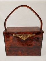 Vintage WILARDY Brown Tortoise Lucite Purse With Gold Filigree - £134.49 GBP